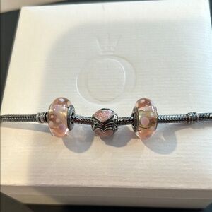 Vintage Pandora bracelet pink beads and retired pink enamel heart charm